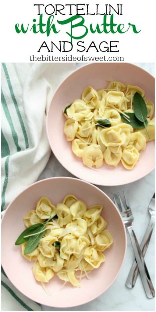 Tortellini with Butter and Sage is the easiest supper! Your family will love it! You can make it in minutes, but it's just so fancy. Tortellini with Butter and Sage in light pink bowl