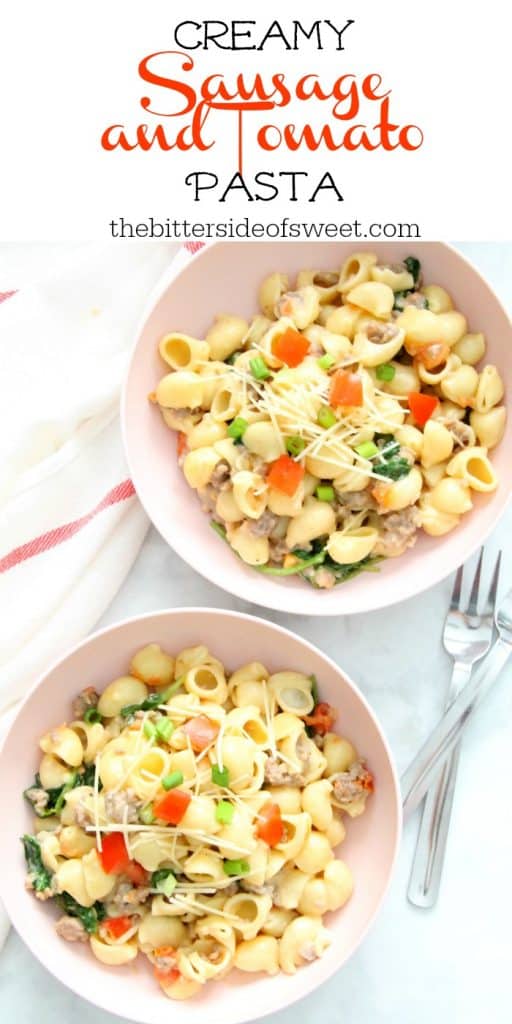 Creamy Sausage and Tomato Pasta couldn't be simpler with just a few ingredients. It's a fantastic Italian supper for any night of the week. Creamy Sausage and Tomato Pasta in bowl