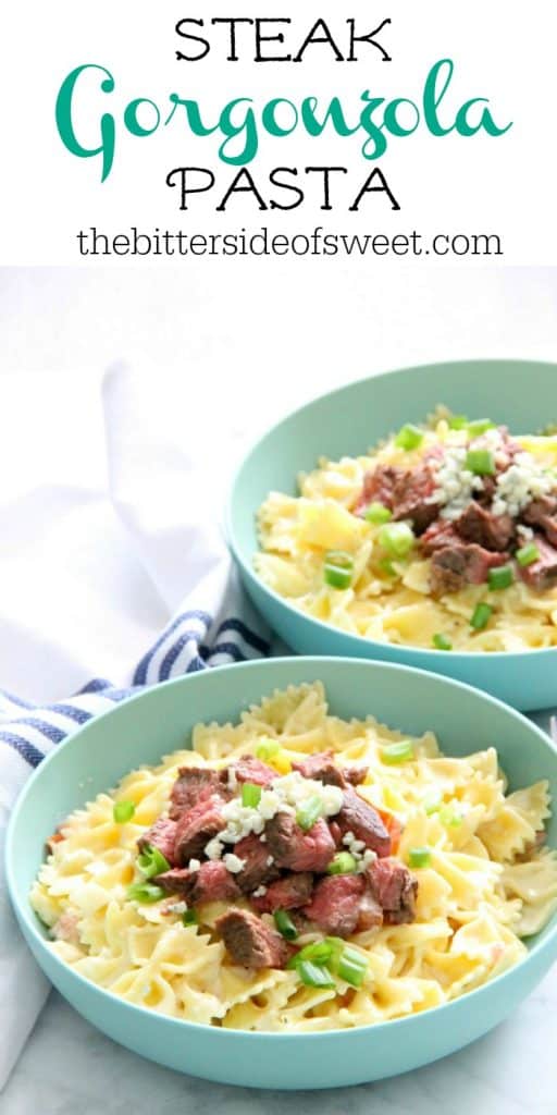 Steak Gorgonzola Pasta is boldly flavorful. This easy supper will be a new family favorite, we're sure of it. Perfect for any night of the week! | The Bitter Side of Sweet Steak Gorgonzola Pasta in blue bowl