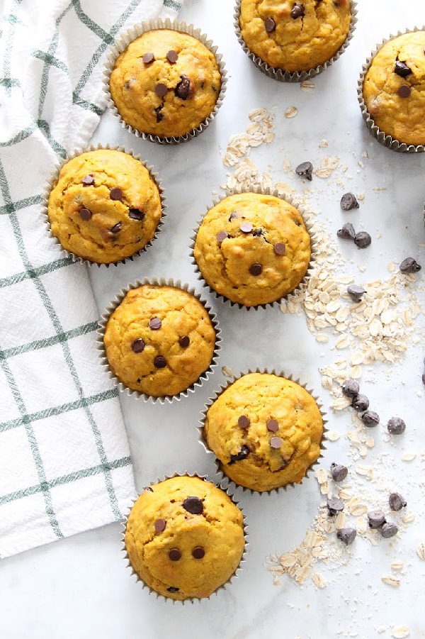 Start your morning off with these Chocolate Chip Pumpkin Muffins! Perfect for a grab and go breakfast! They freeze well too! Chocolate Chip Pumpkin Muffins on white background