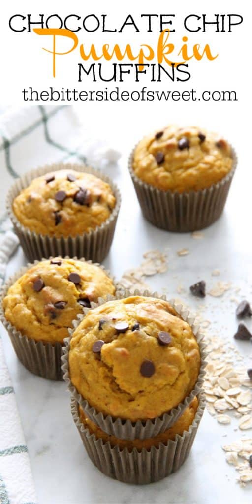 Start your morning off with these Chocolate Chip Pumpkin Muffins! Perfect for a grab and go breakfast! They freeze well too! Chocolate Chip Pumpkin Muffins on white background