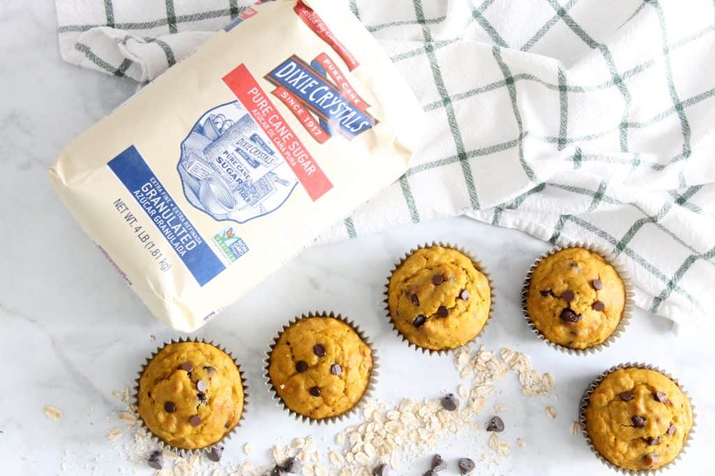Start your morning off with these Chocolate Chip Pumpkin Muffins! Perfect for a grab and go breakfast! They freeze well too! Chocolate Chip Pumpkin Muffins on white background