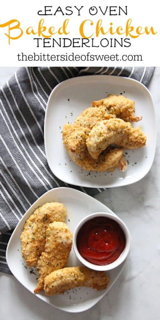 Easy Oven Baked Chicken Tenderloins is crispy and delicious! Bakes up in 20 minutes and makes for a quick weeknight dinner! | The Bitter Side of Sweet Easy Oven Baked Chicken Tenderloins on white plate