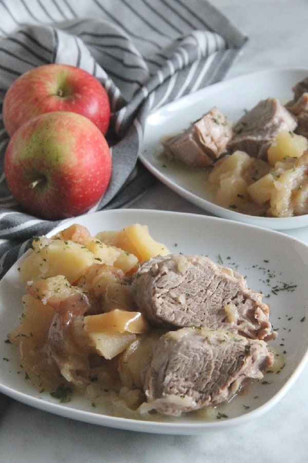 Instant Pot Pork Tenderloin with Apples and Onions | The Bitter Side of Sweet Instant Pot Pork Tenderloin with Apples and Onions on white plate