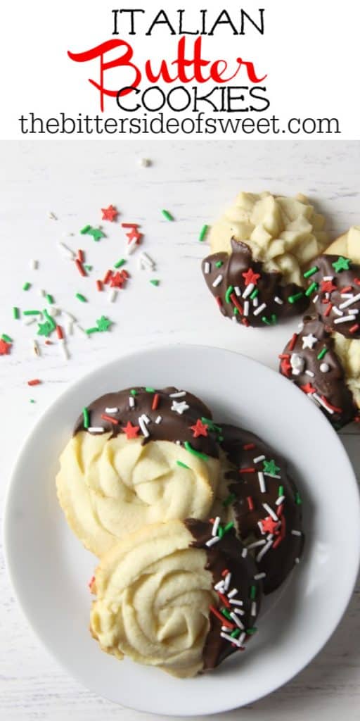 Italian Butter Cookies are just like what you would find in Italian bakeries! Dipped in chocolate and sprinkles, they're a spectacular treat. Italian Butter Cookies on white plate