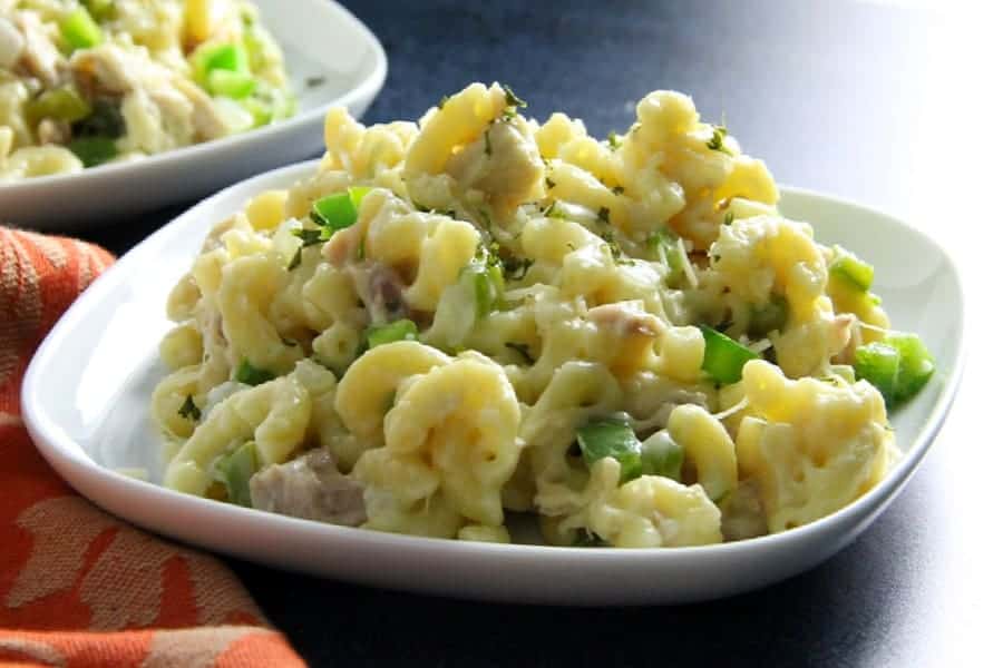 Easy to make Leftover Turkey Pasta! Creamy, delicious with add veggies and the perfect way to make reuse leftovers for an easy dinner! Leftover Turkey Pasta on white plate