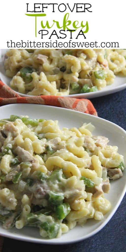 Easy to make Leftover Turkey Pasta! Creamy, delicious with add veggies and the perfect way to make reuse leftovers for an easy dinner! Leftover Turkey Pasta on white plate