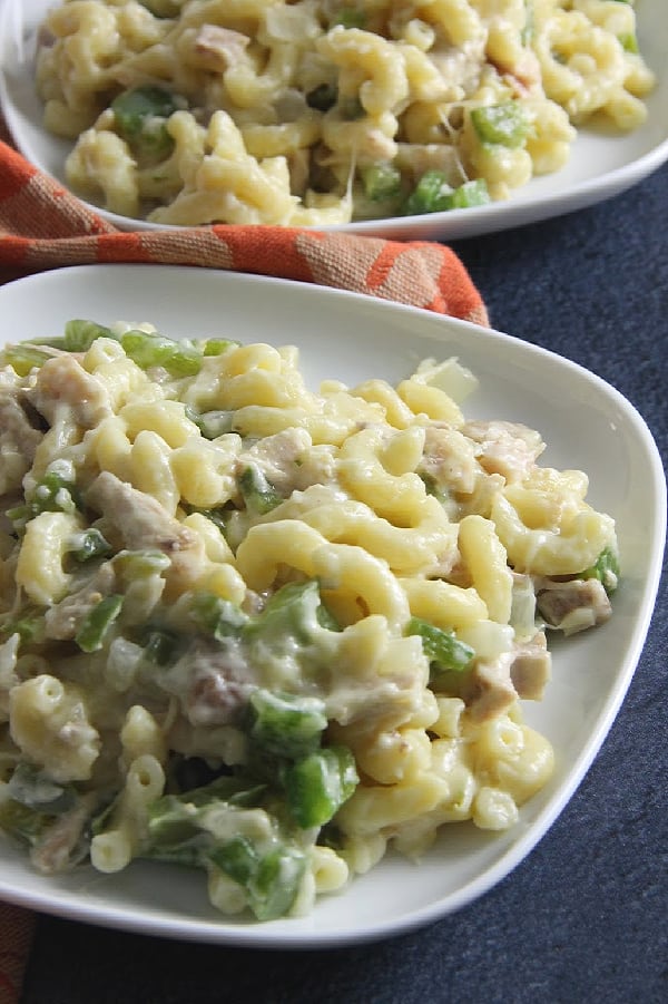 Easy to make Leftover Turkey Pasta! Creamy, delicious with add veggies and the perfect way to make reuse leftovers for an easy dinner! Leftover Turkey Pasta on white plate