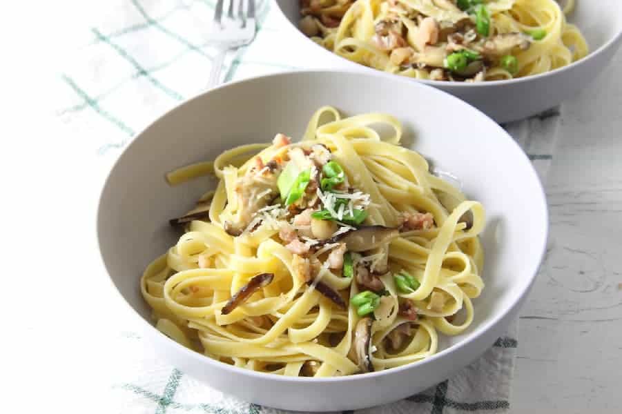 This Pancetta Mushroom Fettuccine can make an easy weeknight dinner, or a date night dinner. It comes together quickly, but feels fancy! | The Bitter Side of Sweet Pancetta and Mushroom in white bowls