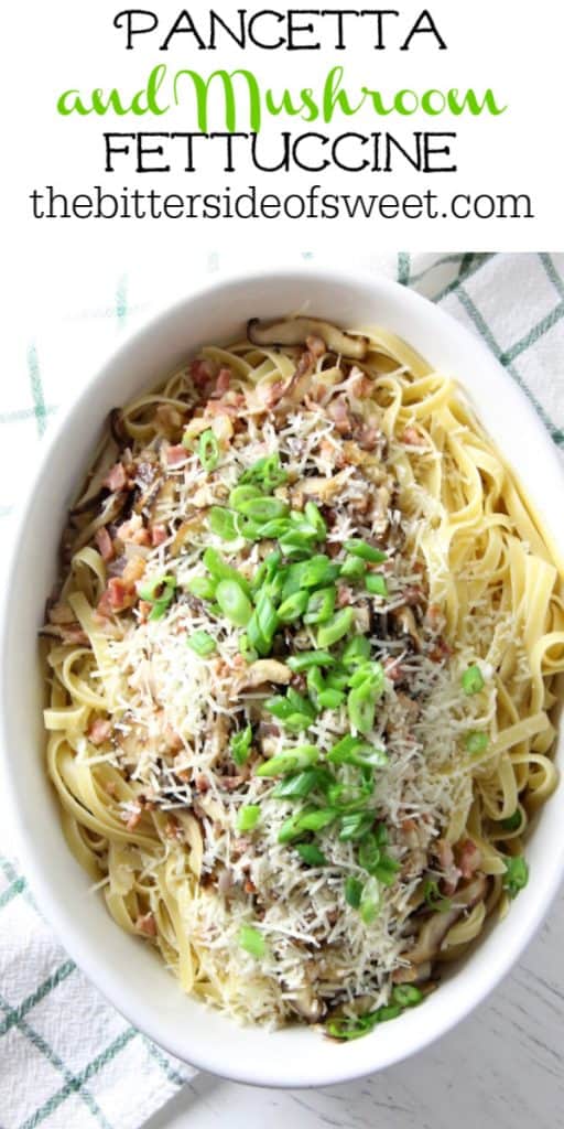 This Pancetta Mushroom Fettuccine can make an easy weeknight dinner, or a date night dinner. It comes together quickly, but feels fancy! | The Bitter Side of Sweet Pancetta and Mushroom in white bowls