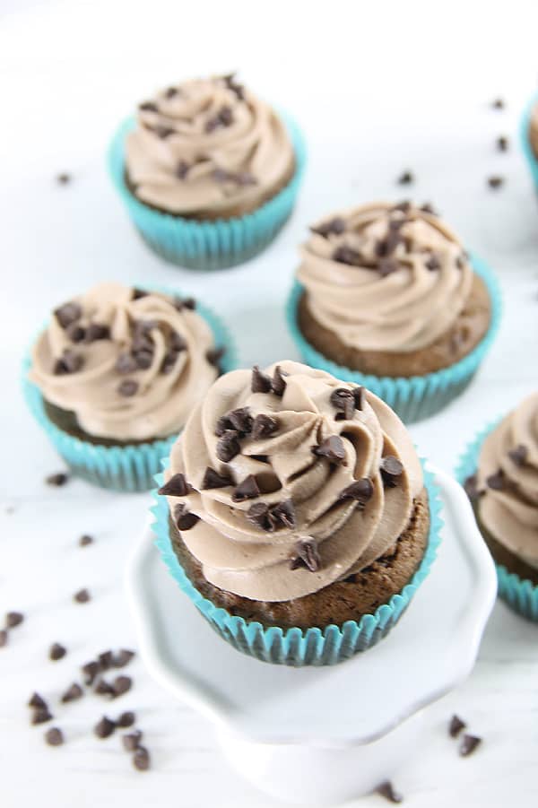 These Double Chocolate Cupcakes are filled with bits of chocolate on the inside and topped with a creamy chocolate frosting!