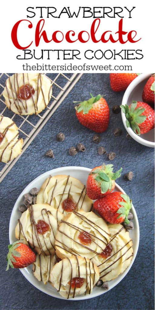 These Strawberry Chocolate Butter Cookies are a fun twist to the classic Italian Butter Cookie! So delicious with strawberry jam and chocolate drizzle! Strawberry Chocolate Butter Cookies on blue background