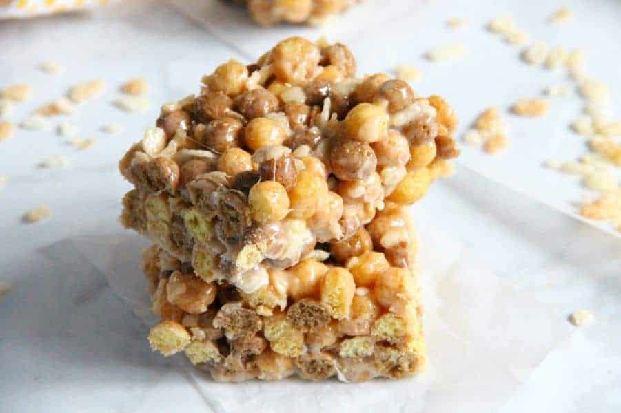 Chocolate Peanut Butter Marshmallow Treats are an ooey, gooey treat! With two different types of cereal and lots of marshmallows, these will not disappoint! Chocolate Peanut Butter Marshmallow Treats closeup
