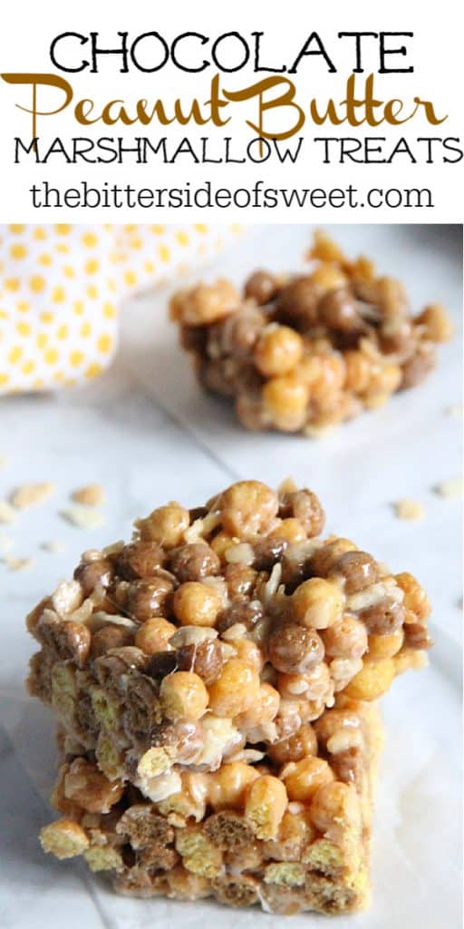 Chocolate Peanut Butter Marshmallow Treats are an ooey, gooey treat! With two different types of cereal and lots of marshmallows, these will not disappoint! Chocolate Peanut Butter Marshmallow Treats on white background