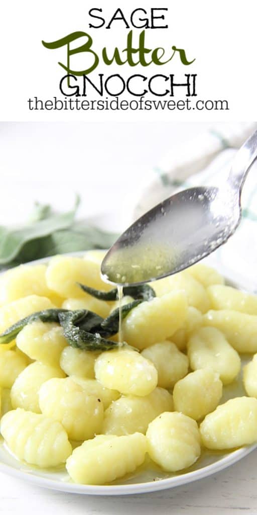 This Sage Butter Gnocchi is one delectable dinner. The sauce is made with a few simple ingredients! Cooks up in about 5 minutes! Sage Butter Gnocchi on white plate with butter