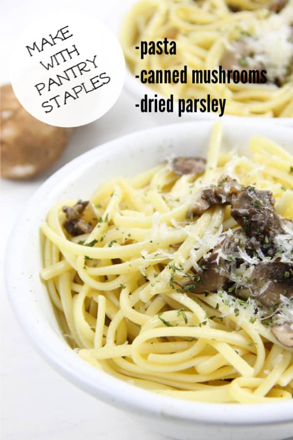This Mushroom Pasta is one quick and easy vegetarian dinner. You'll make it a few times a week! Made with a few simple ingredients! Mushroom Pasta in white bowl