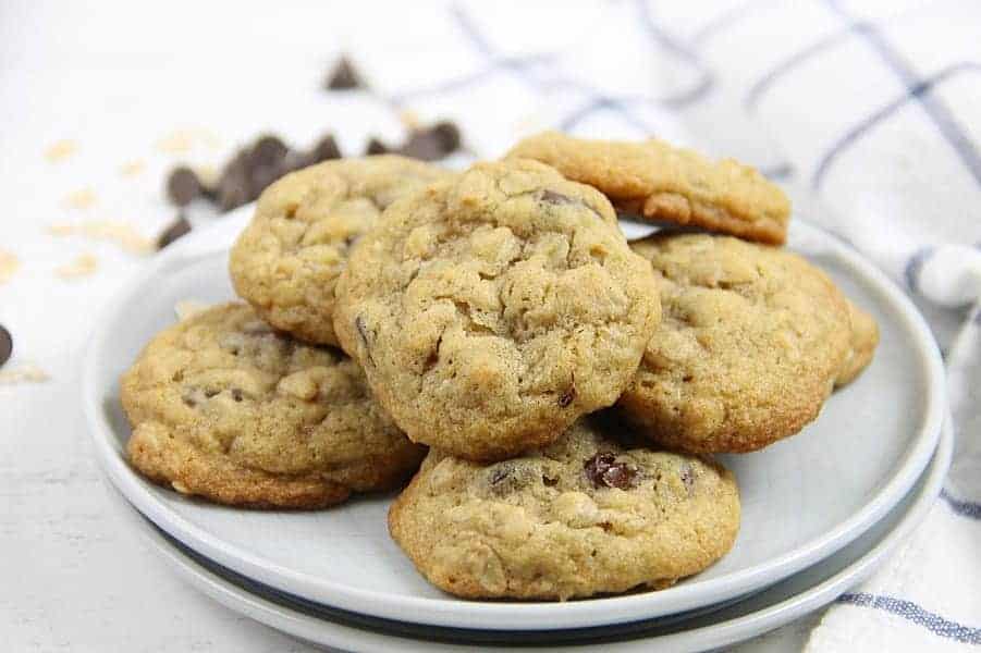 These Oatmeal Chocolate Chip Cookies are soft and chewy! Loaded with chocolate chips and a touch of cinnamon these cookies are so easy to make! Oatmeal Chocolate Chip Cookies on white plate