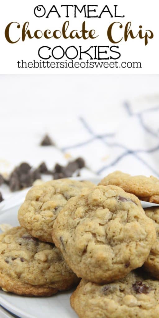 These Oatmeal Chocolate Chip Cookies are soft and chewy! Loaded with chocolate chips and a touch of cinnamon these cookies are so easy to make! Oatmeal Chocolate Chip Cookies on plate