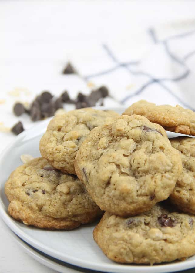 These Oatmeal Chocolate Chip Cookies are soft and chewy! Loaded with chocolate chips and a touch of cinnamon these cookies are so easy to make! Oatmeal Chocolate Chip Cookies on white plate