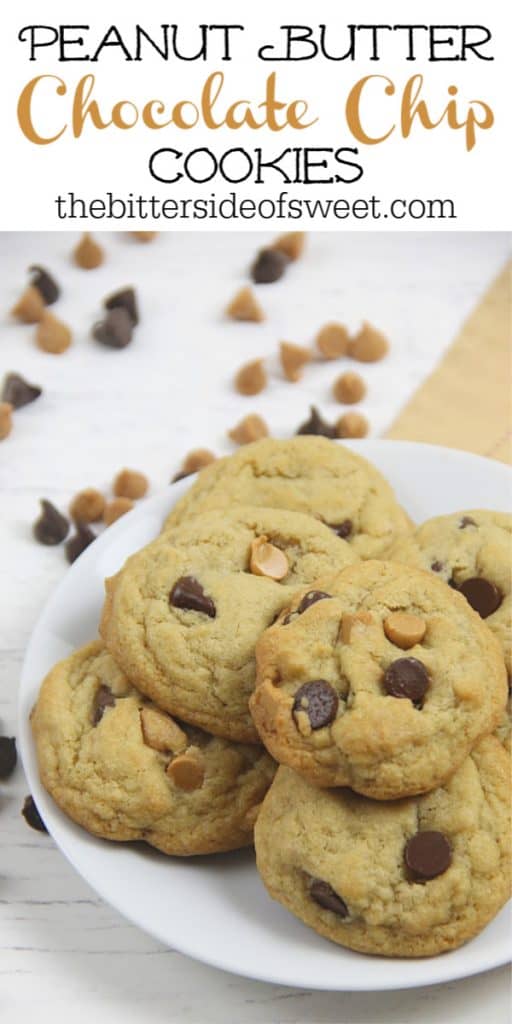 Soft and chewy Peanut Butter Chocolate Chip Cookies! Made with peanut butter chips these cookies bake up in less than 10 minutes! Peanut Butter Chocolate Chip Cookies with peanut butter chips