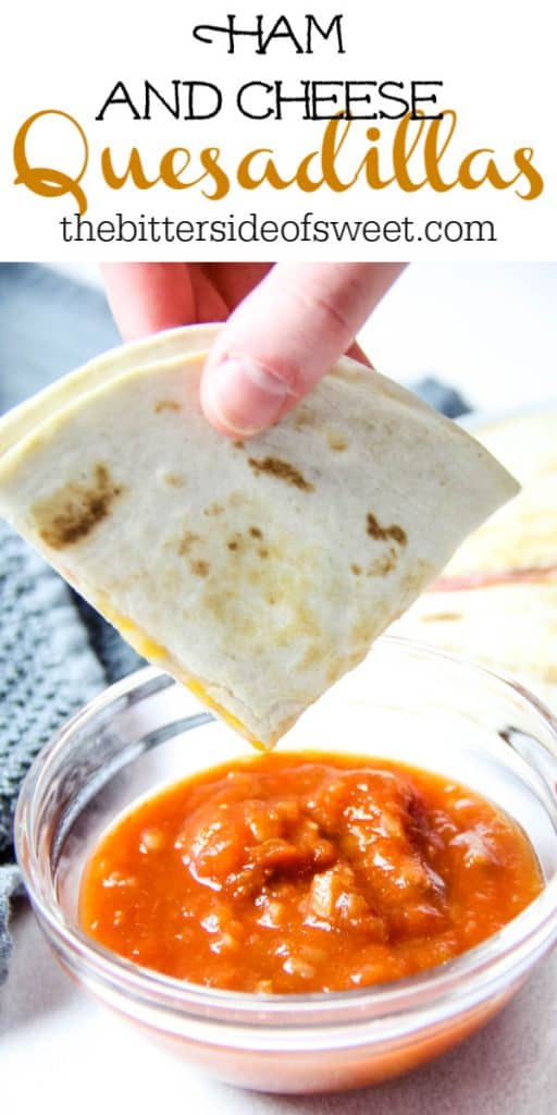 Easy Ham and Cheese Quesadillas made with 3 ingredients and perfect for a quick lunch or snack! Flour tortillas topped with deli ham and Mexican cheese! Ham and Cheese Quesadillas dipped in salsa