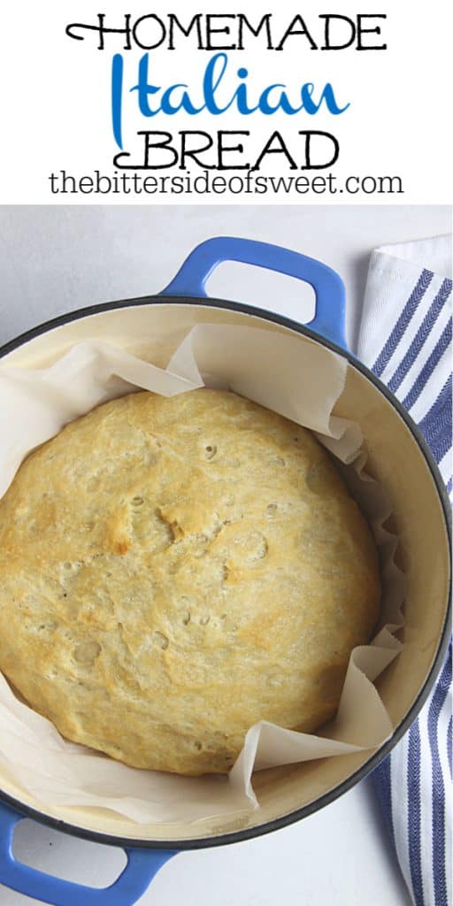 This Homemade Italian Bread is super easy to make with only 6 ingredients and very little time kneading it! Baked up in the oven for a perfect crispy bread! Homemade Italian Bread in blue dutch oven