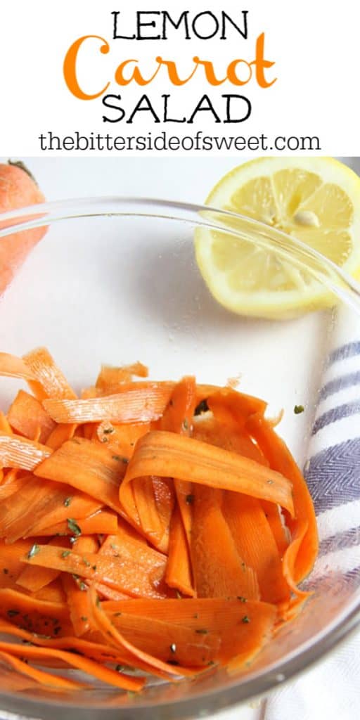 This fresh Lemon Carrot Salad is made with just 5 ingredients! With a simple dressing topped over shaved carrots this makes a simple side dish. Lemon Carrot Salad in glass bowl