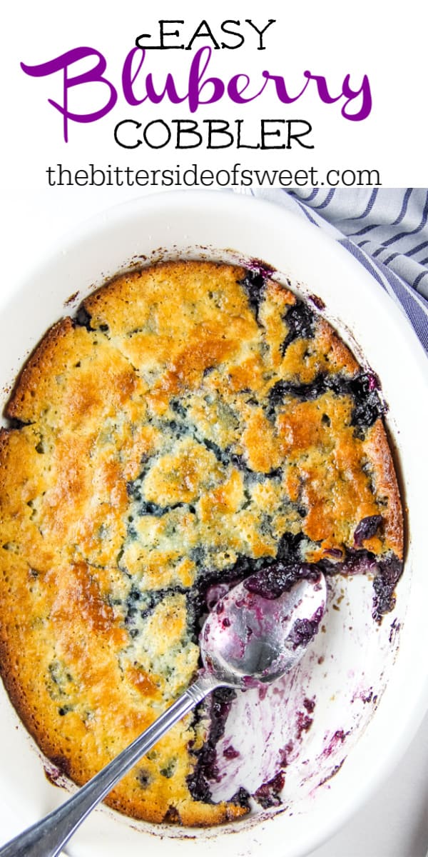 Easy Homemade Blueberry Cobbler! With an easy buttery crust mixed with fresh or frozen blueberries, this is the perfect fruit dessert! Blueberry Cobbler in white bowl with spoon