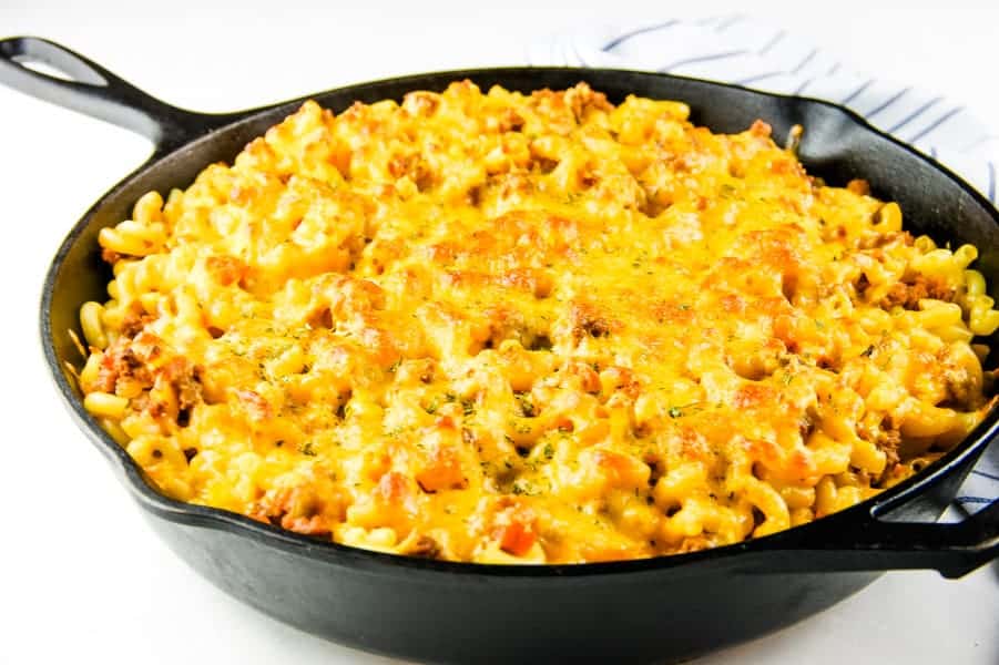 Cheesy Macaroni Pasta Bake finished in skillet