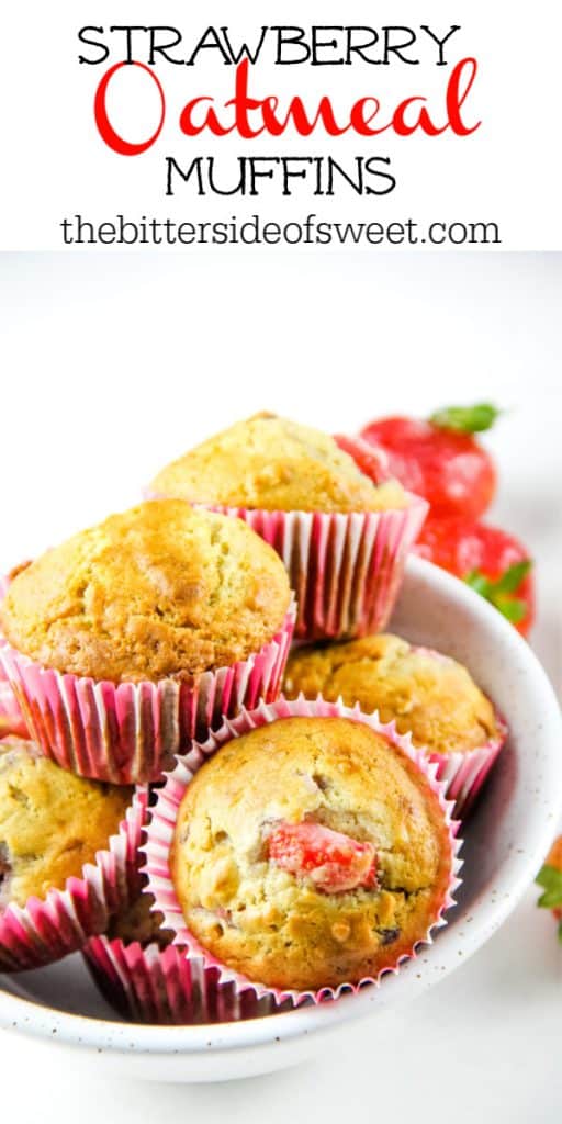 Strawberry Oatmeal Muffins are a hearty, soft breakfast muffin! Studded with fresh strawberries, these portable muffins will become a delicious favorite! Strawberry Oatmeal Muffins in white bowl
