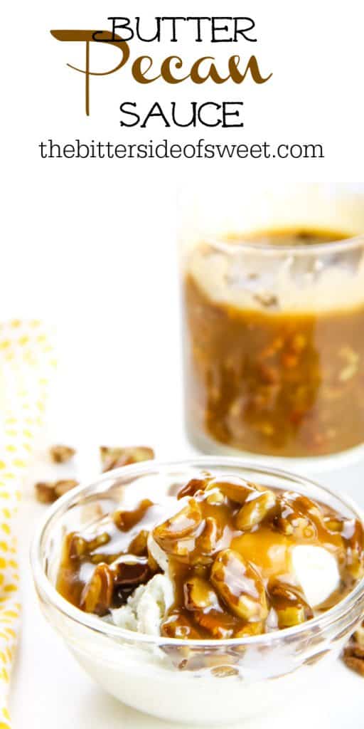 Easy Butter Pecan Sauce made with 6 ingredients! A creamy, gooey sauce filled with pecans and perfect topping for ice cream or any dessert! Butter Pecan Sauce topped over ice cream