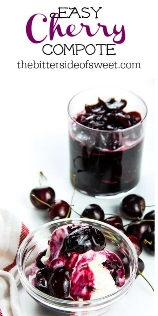 With 4 ingredients this Easy Cherry Compote is the best topping for putting on ice cream, pound cake, or even granola! Perfectly made with fresh cherries! Easy Cherry Compote in glass bowl and on ice cream