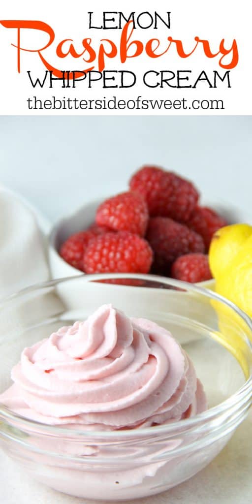 Easy 4 ingredient Lemon Raspberry Whipped Cream! A sweet homemade whipped cream filled with lemon and raspberry flavors! Perfect for topping on any dessert! Lemon Raspberry Whipped Cream in glass bowl with raspberries in the background
