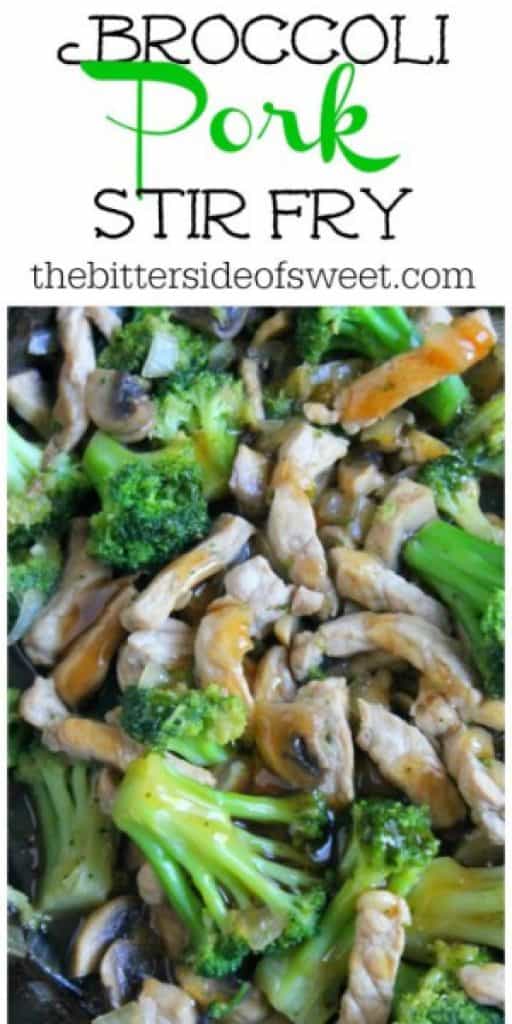 Broccoli Pork Stir Fry is a super quick meal to make! You can add it over rice and have dinner ready in less than 30 minutes! Broccoli Pork Stir Fry close up with broccoli, mushrooms and pork.