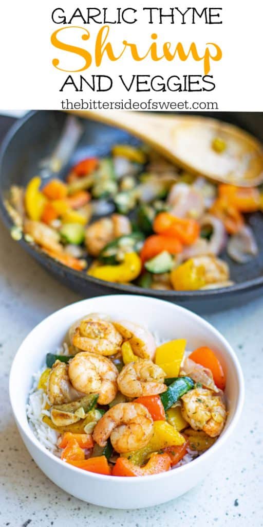 Easy Garlic Thyme Shrimp and Veggies! Cooks up in 10 minutes! This dish is loaded with lots of flavors and comes together in no time! Garlic Thyme Shrimp and Veggies in white bowl on grey background