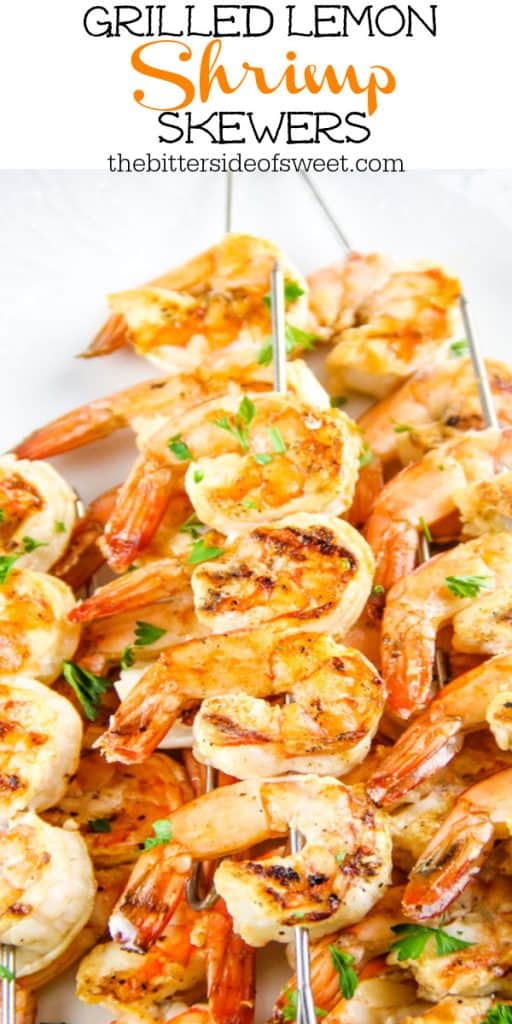 Easy Grilled Lemon Shrimp Skewers made with just 5 ingredients! Can be cooked on a grill or even in the oven! Grilled Lemon Shrimp Skewers stacked