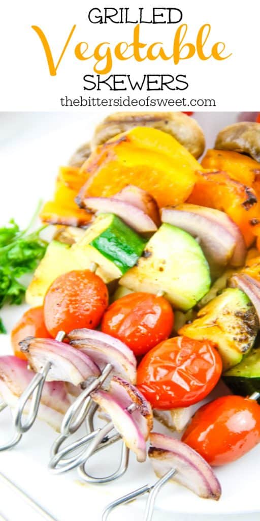 Easy Grilled Vegetable Skewers made with 5 different vegetables, flavored with salt, pepper and olive oil! Perfect for the grill or oven! Grilled Vegetable Skewers on metal skewers