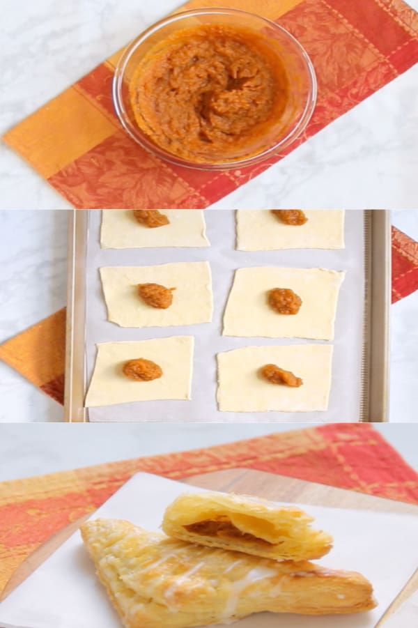Your favorite pie made into a hand held dessert with these Pumpkin Pie Turnovers! It only taste a little bit of time and a few ingredients! Pumpkin Pie Turnovers ingredients with pumpkin filling in bowl. Pumpkin filling spooned on puff pastry. Pastry cut in half to view the inside