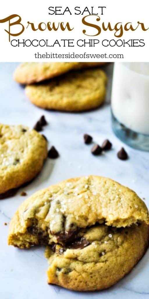 ea Salt Brown Sugar Chocolate Chip Cookies are made with a hint of salt, brown sugar combined with chocolate chips for the perfect cookie! Sea Salt Brown Sugar Chocolate Chip Cookies stacked on white background