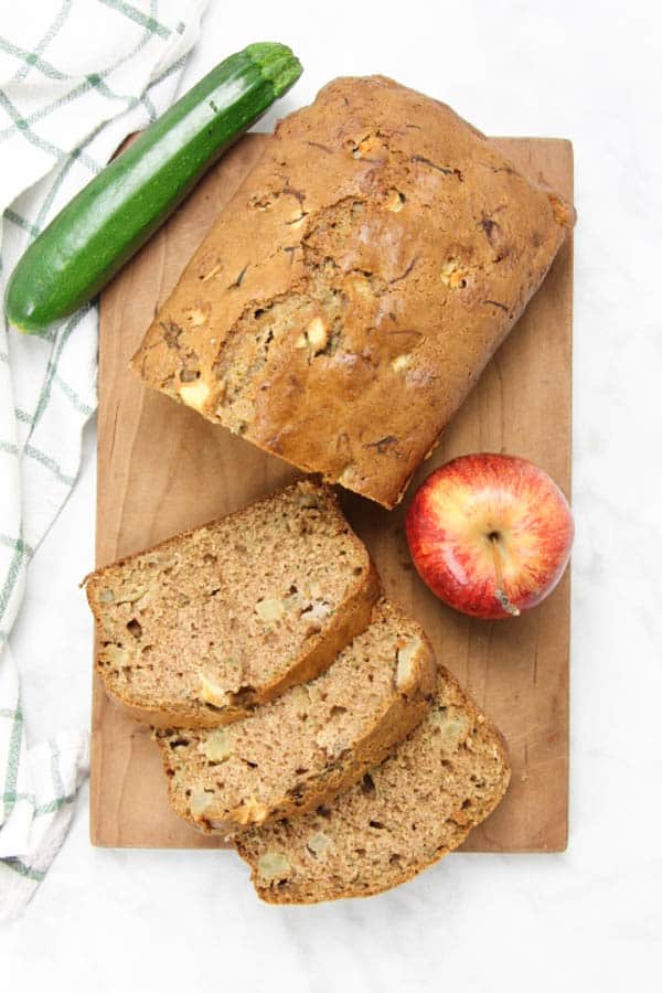 This Apple Zucchini Bread is perfectly moist! Loaded with apples and zucchini this bread is so flavorful! Perfect for breakfast or dessert! Apple Zucchini Bread overhead view