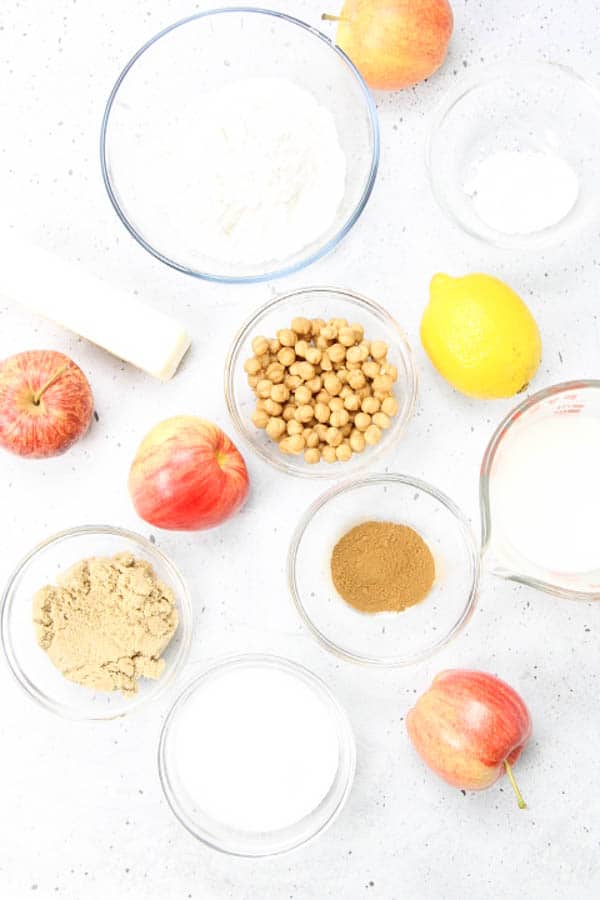Caramel Apple Cobbler ingredients in glass bowls