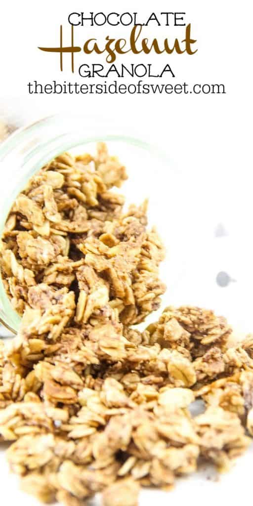 This Chocolate Hazelnut Granola is perfect for snacking! Made with nutella, oats, maple syrup and canola oil! Simple and easy! Chocolate Hazelnut Granola spilling out of glass jar