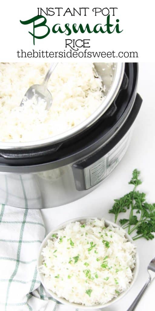 The EASIEST side dish to make! This Instant Pot Basmati Rice will be one that you make over and over again! Instant Pot Basmati Rice overhead view of rice in white bowl