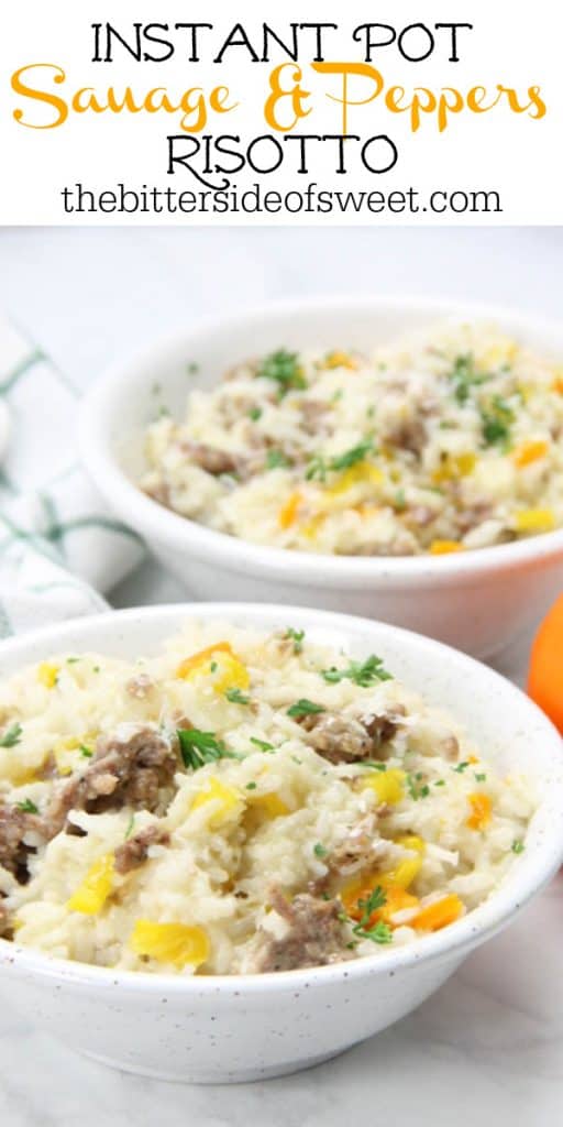 This Instant Pot Sausage and Peppers Risotto is perfect for a quick meal! Filled with Italian sausage and colorful peppers! Instant Pot Sausage and Peppers Risotto in bowls