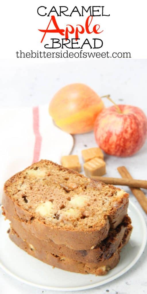 using all whole wheat flour, dried cranberries and pumpkin seeds. Caramel Apple Bread on white plate