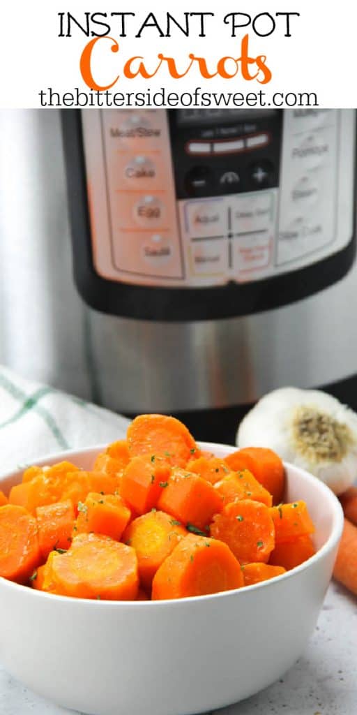These Instant Pot Carrots are the easiest side dish! With just 5 ingredients and 6 minutes cook time, these come together quickly! Instant Pot Carrots in bowl with instant pot in background