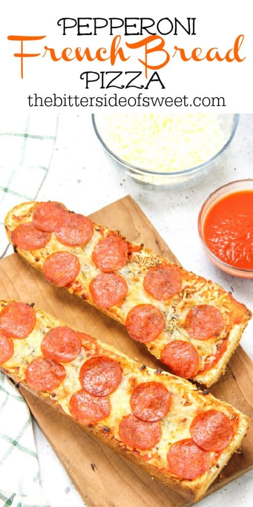 Super simple Pepperoni French Bread Pizza! Bakes up in 15 minutes! Cheesy, full of spices with a crunchy french bread crust! Pepperoni French Bread Pizza on cutting board cooked with cheese and sauce