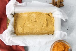 Pumpkin Bread uncooked in loaf pan