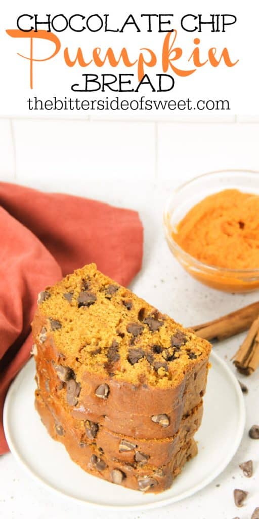 Delicious and easy Chocolate Chip Pumpkin Bread! Moist and tender, this bread is filled with warm spices and rich chocolate! Chocolate Chip Pumpkin Bread on white plate