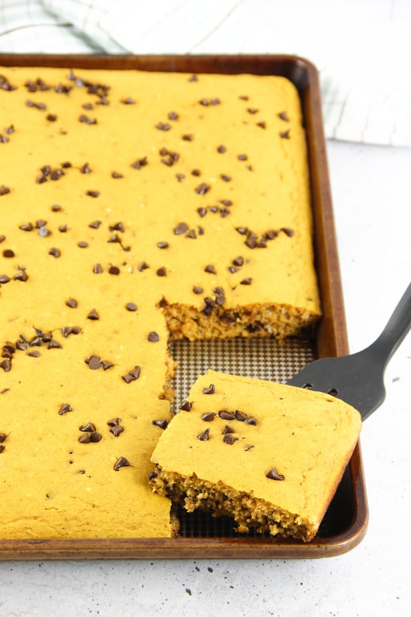 Chocolate Chip Pumpkin Sheet Pan Pancakes! A quick and easy way to make boxed pancake mix with the added ingredient of pumpkin! Chocolate Chip Pumpkin Sheet Pan Pancakes on sheet pan